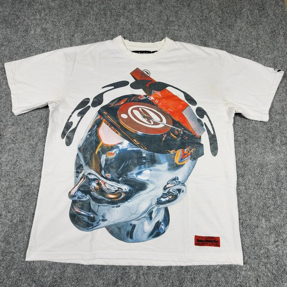 Spire Supply Co Mens White Graphic T-Shirt Chrome Head Turntable L Streetwear‎